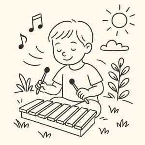 Enfant jouant du xylophone en plein air pendant une activité musicale Montessori à Castelnau-le-Lez