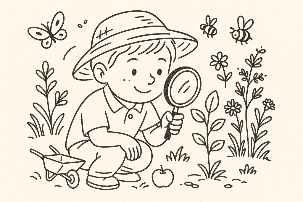 Enfant observant une plante avec une loupe dans le jardin Montessori du centre de loisirs bilingue à Castelnau-le-Lez